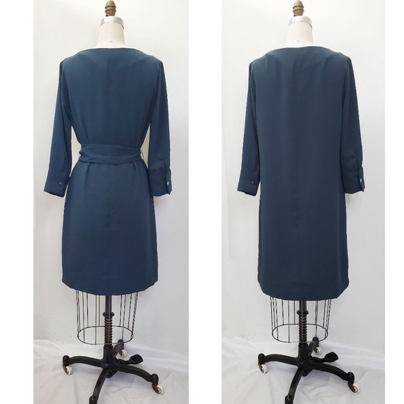 H&M Womens Dark Teal Boat Neck Crepe Dress with Tie M NWT - Picture 6 of 9